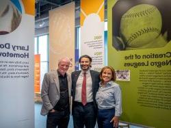 From Left: Laura Muth, Montclair President Jonathan Koppell, and Chuck Muth '77 in The Charles J. Muth Museum at Hinchliffe Stadium.