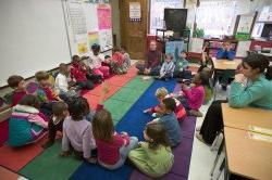 Photo children sitting on floor in a classroom listening to their teacher.